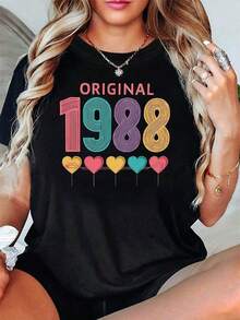 Women's Blouses. Women's T-Shirt With Original 1988 Theme - Decorated With Colorful Heart And Slogan, Casual Short Sleeve, Pink-Blue-Purple-Yellow, Stylish Retro Style, Everyday T-Shirt For Those Born In 1988. - 黑色 - 查看 7