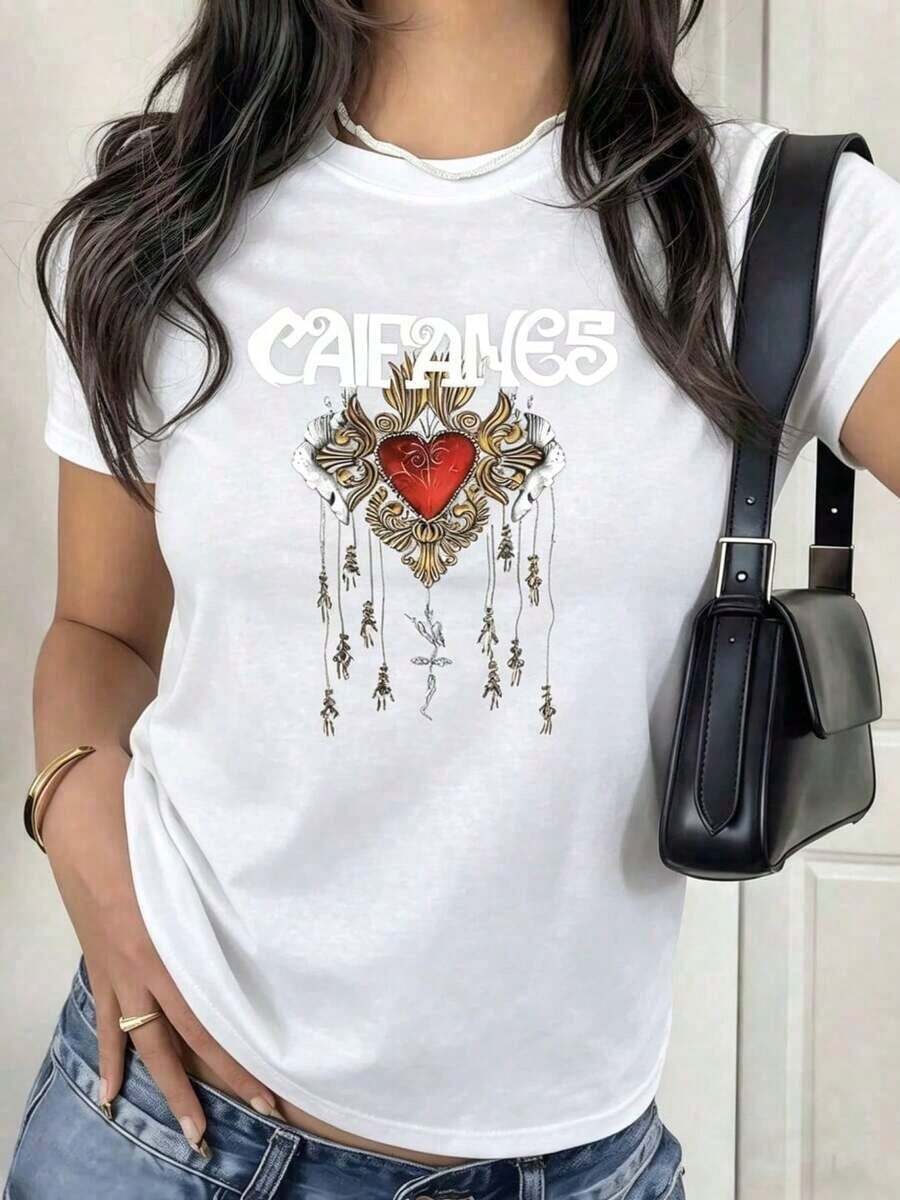 Women's Blouses Caifanes Graphic Shirt With Digital Print 220 Grams Spanish Rock Concert 1 Unit % Cotton Casual And Comfortable T-Shirt For Women Summereurmuse - 白色的 - 查看 1