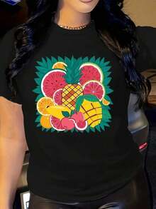 Cool Women's Casual T-Shirt With A Tropical Pineapple And Watermelon Print, Loose Fit - Soft, Breathable, Short Sleeve, Summer Beachwear, Casual And Loose Fit With Vibrant Fruit Design, All-Season Comfort, Ideal For Everyday And Vacation Outfits. - 黑色 - 查看 1