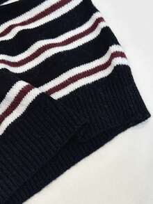 Striped Polo Collar Sweater, Loose Fit Contrast Color Knit Top, Versatile For Work And Leisure - Multicolor - View 9