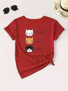 Crazy 's Plus Size Loose Fit T-Shirt - Adorable Cat Print, Soft And Stretchy Fabric, Round Neck, Short Sleeves, Casual Style, Suitable For Both Home And Work, Comfortable Design, Easy-Care Loose Fit, A Choice For Comfort. - 紅色 - 查看 1