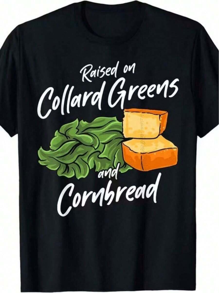 Soft Women's T-Shirt, Casual Everyday Wear, Printed With The Design "Raised On Collard Greens And Cornbread", Suitable For Casual Daily Wear, Elegant Ladies' Blouses - 黑色 - 查看 1