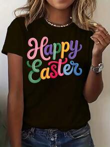 Happy Easter, Printed With The "Happy Easter" Design, Casual Short-Sleeved T-Shirt For Women, Comfortable Fit, Ideal For Matching With Sisters, Essential For Outdoor Travel, Women's T-Shirt, Spring And Summer T-Shirt. - 白色 - 查看 6