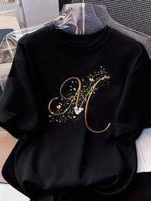 Soft 100% Cotton Women's Short-Sleeved Casual T-Shirt - Printed With The Letter M, Regular Fit, Round Neck, Suitable For All Seasons, Women's Clothing, Breathable Cotton T-Shirt, Matches Everything. - 黑色 - 查看 4