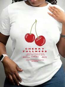 Cool Casual Cherry Print T-Shirt For Women - Cherry Print Graphic Tee, Funny Slogan 'Enjoy The Little Things, I Love You Cherries', Casual Summer Top, Fruit Design, Comfortable Cotton Blend T-Shirt For Everyday Wear. - 白色 - 查看 7