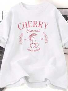 Printed T-Shirts For Women, Plus-Size Streetwear Tops, Comfortable And Stylish Summer Tees That Go With Everything. Vintage Cherry T-Shirt For Women, Cherry Festival T-Shirt, Summer Fruit Print Tees, Casual Short-Sleeve Tees, Y2K Graphic Tees. - 白色 - 查看 6