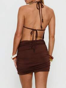 Women's Halter Neck Ruched Dress Sleeveless Backless Solid Color Bodycon Mini Dress Clubbing Party Dress - Rust Brown - View 5