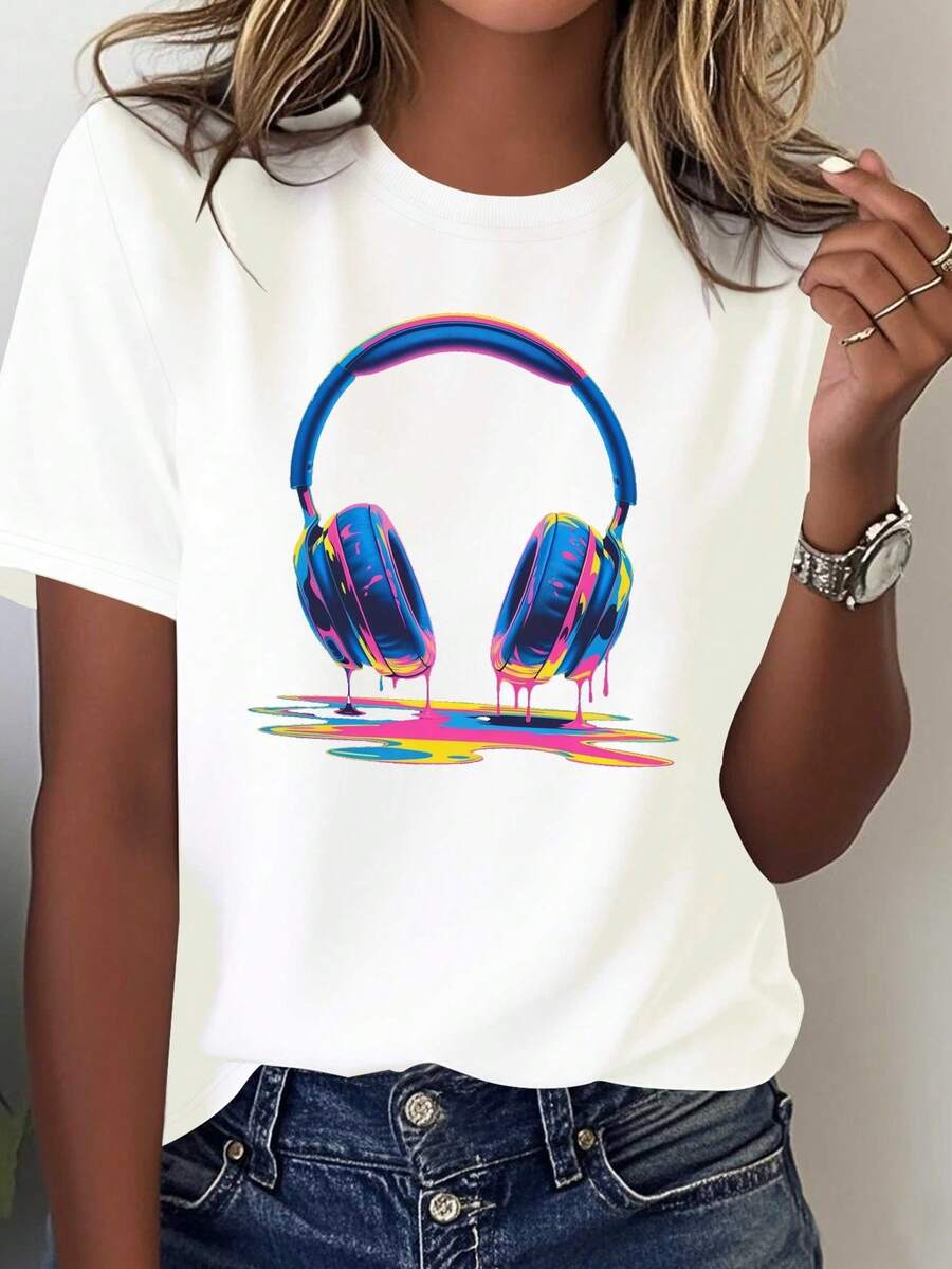 Women's Neon Drip Headphone Print T-Shirt - White With Pink And Blue Headphone Art, Casual Crew Neck For EDM Festival Outfits, DJ Party Wear And Comfortable Everyday Top - 白色 - 查看 1