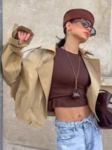 Short Casual Coat 2026, Khaki Jacket With Fitted Waist For Petite Women - Khaki - View 5