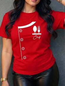 Women's Short-Sleeve T-Shirt With A Fun Chef Print. Original And Modern Design, Ideal For Cooking Enthusiasts. Soft And Comfortable Fabric, Perfect For A Casual And Stylish Look. Express Yourself With This Unique And Personality-Filled Garment! Women's Casual Blouses 100% Cotton - 紅色的 - 查看 5