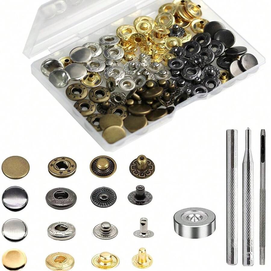12 Set Leather Snap Fasteners Kit, 15mm Metal Snap Buttons Kit Press Studs With 4 Install Tools, Rivets And Snaps For Clothing, Jeans, Jackets, Bracelets, Bags - Multicolor - View 1