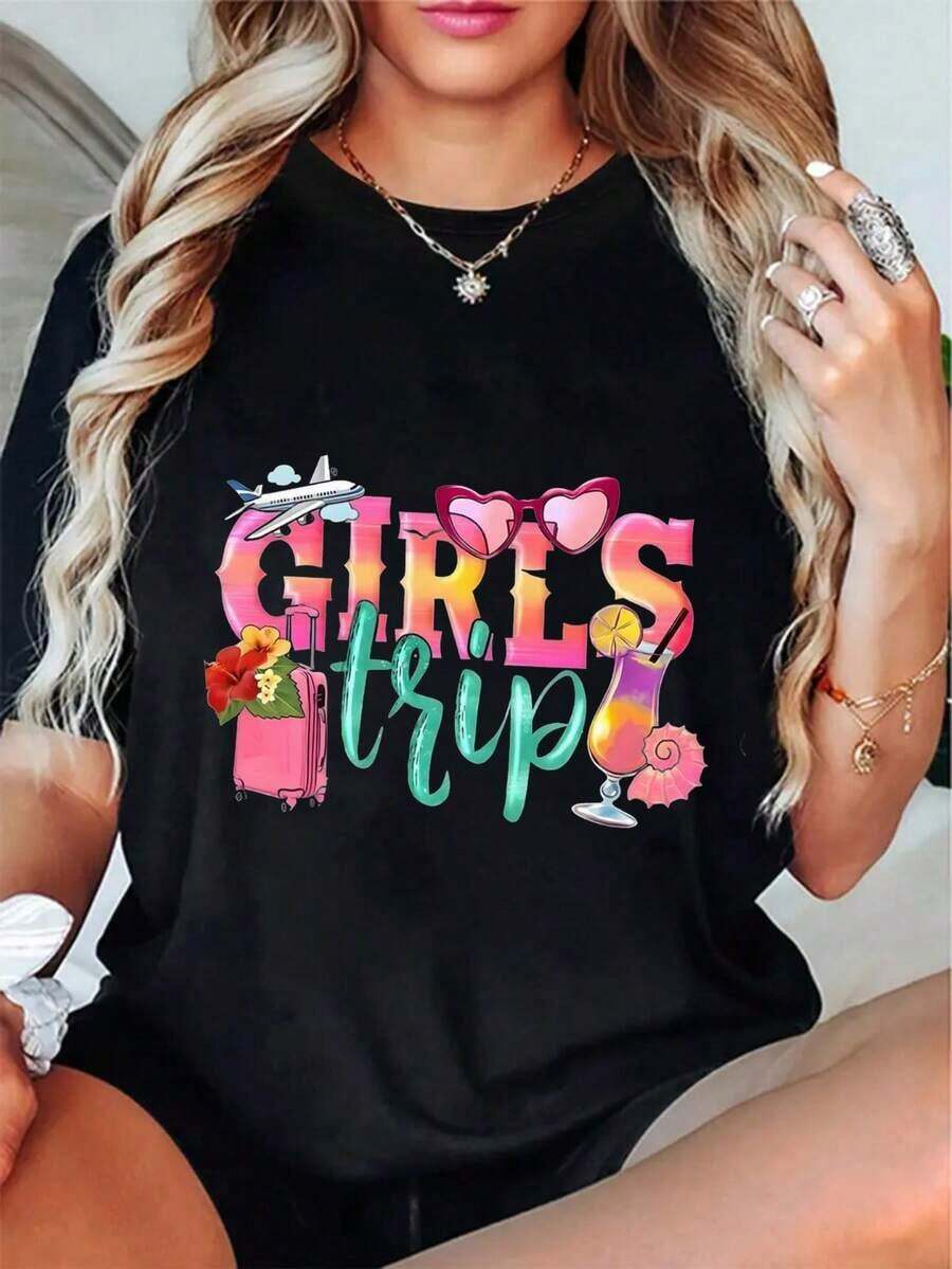 Plus Size, Plus Size Graphic Print T-Shirt S Trip - Vibrant Geometric Design With Airplanes, Hearts And Floral Motifs, Casual Short Sleeve Crew Neck Breathable T-Shirt For Women, Washable And Comfortable For All Seasons, Size S - 黑色 - 查看 1