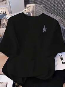 Camiseta Deportiva Casual para Mujer de Manga Corta con Bordado - Camiseta Negra Elástica de Cuello Redondo, Lavable aáquina, Ajuste Cómodo para Todas las Estaciones, Perfecta para Uso Diario y Actividades al Aire Libre. - Negro - Ver 6