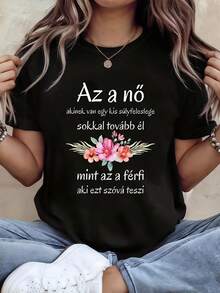 Women's Floral Print T-Shirt In Black - Casual Short Sleeve Crew Neck T-Shirt, Relaxed Fit For All Seasons, Perfect For Everyday Wear Or Holiday Outfits (Machine Washable), Chic And Elegant Style For Women With Light Brown Hair. - 黑色 - 查看 6