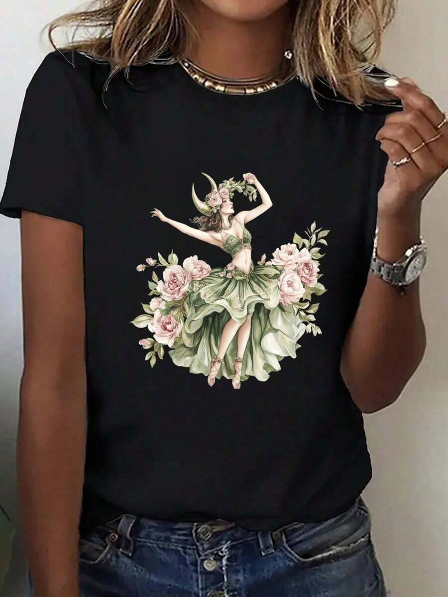 1 Piece Casual Fashion Loose Fit T-Shirt For Men And Women With Vintage Print For Women - XHON Casual Urban Style Top Versatile, Easy To Match, For Daily Wear, Street Style, Holiday Wear, Weekend Wear. - 黑色 - 查看 1