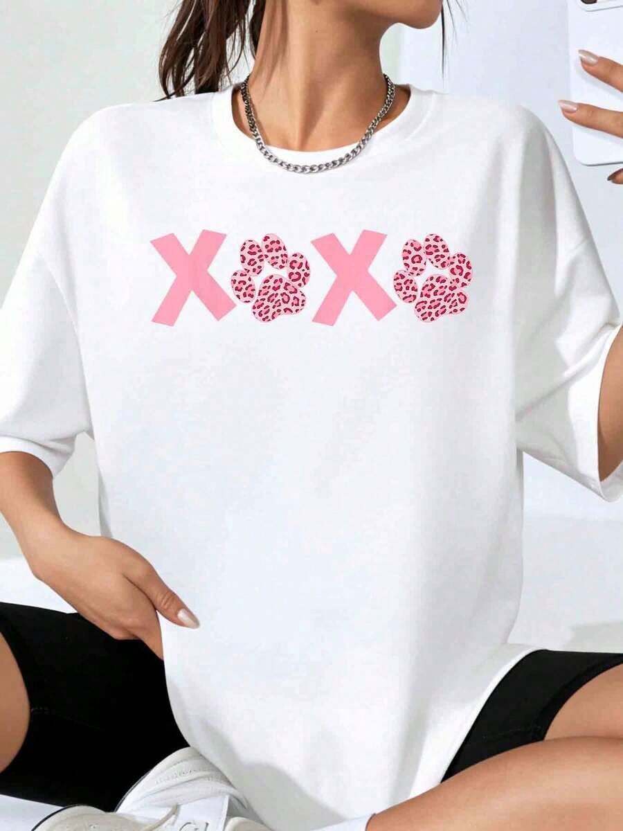 Women's Xoxo Pink Leopard Paw Print Oversized T-Shirt, Casual Summer Top, Fashion Graphic Tee, Unisex Streetwear Style - 白色 - 查看 1