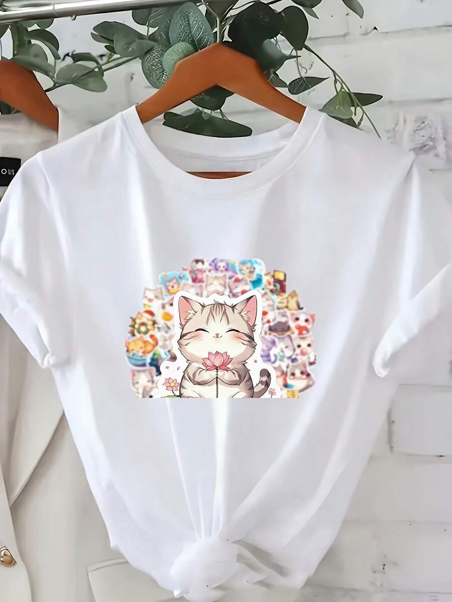 | Exquisite Design | Loose And Comfortable | Easy To Match | Women's Casual Summer T-Shirt With Anime Cat Print, Korean Style, Regular Fit, Crew Neck, Short Sleeve - 白色 - 查看 1