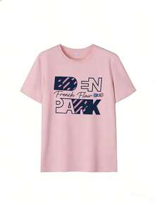 T-Shirt With "DEN PARK" And "French Flair" Text,  Short-Sleeved T-Shirt For Spring And Summer 2026, Made In Mexico, 180 Grams. Cartoon Print, Couple Design, Suitable For Indoor Or Outdoor Wear. Crew Neck, Unisex, Ideal For The Office And Leisure. One-Pack. - PK-P631577SLNDXZGY604 - 查看 2