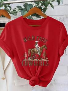 Women's Casual Summer T-Shirt, Western Cowgirl Print, American Retro Style, Short Sleeve T-Shirt For Women, Versatile Casual Spring/Summer Top, Unique Ranch Girl Style, Simple Round Neck, Comfortable And Breathable. - 紅色 - 查看 12