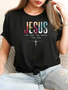 Camiseta Blanca con Estampado de Jesús, La Vía, La Verdad, La Vida y Cruz Arcoíris, Declaración de Fe Cristiana, Ropa Casual para Mujer, Atuendos Diarios, Eventos de Iglesia, Playera mujer manga corta casual - Negro - Ver 2