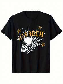 LETSO Men's Rock Band T-Shirt - Skull And Guitar Design, Loose Fit, Breathable Cotton T-Shirt, Suitable For Concerts, Outdoor Activities And Daily Wear - Unique Music Themed Men's Garment, Exclusive For Rock Fans (Iconic Style). - 黑色 - 查看 1