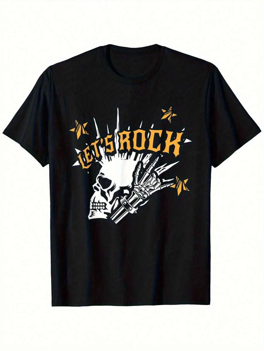 LETSO Men's Rock Band T-Shirt - Skull And Guitar Design, Loose Fit, Breathable Cotton T-Shirt, Suitable For Concerts, Outdoor Activities And Daily Wear - Unique Music Themed Men's Garment, Exclusive For Rock Fans (Iconic Style). - 黑色 - 查看 1