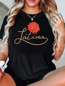 Women's "Latina" T-Shirt With A Latin Theme, Featuring Lettering Adorned With Red Roses, Casual Short Sleeves, Elegant Cultural Style In Gold And Red, A Garment For Everyday Use That Reflects The Attitude Of Latin American Women. - 黑色 - 查看 1