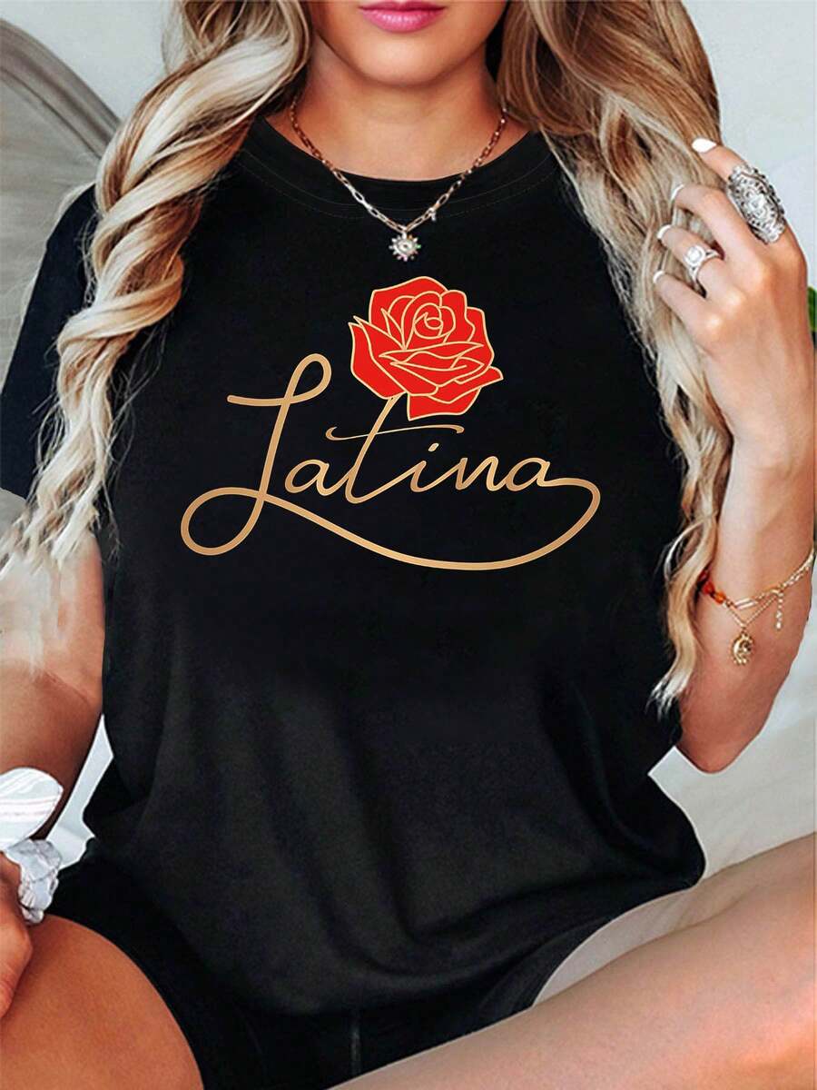 Women's "Latina" T-Shirt With A Latin Theme, Featuring Lettering Adorned With Red Roses, Casual Short Sleeves, Elegant Cultural Style In Gold And Red, A Garment For Everyday Use That Reflects The Attitude Of Latin American Women. - 黑色 - 查看 1