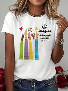 Women's Casual Summer T-Shirt With Peace Illustration Print, Inclusive Themed Short Sleeve Top, Versatile Round Neck T-Shirt For Women - 白色 - 查看 7
