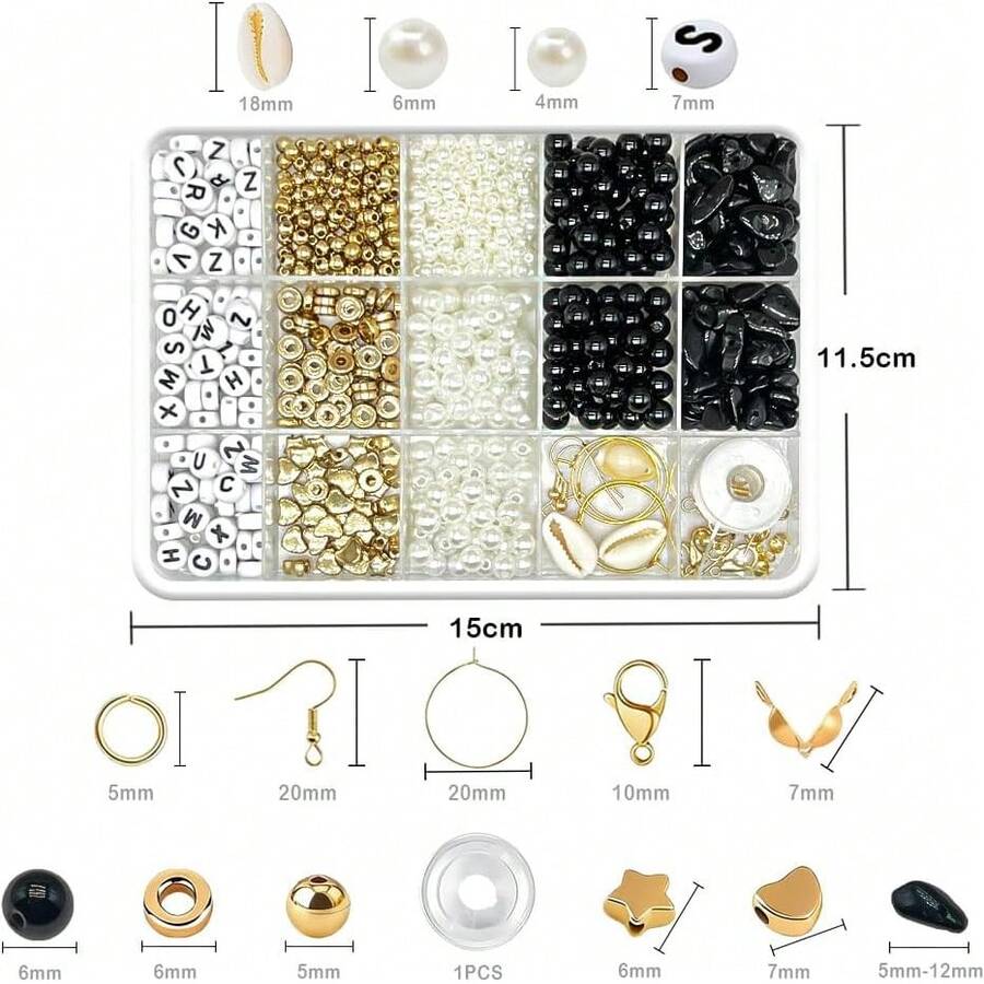 Bộ 15 hạt cườm đen trắng, bao gồm hạt chữ cái, hạt đệm, đá pha lê bất đối xứng, thích hợp để tự làm vòng tay, vòng cổ, dây đeo điện thoại. - Nhiều màu - Xem 1