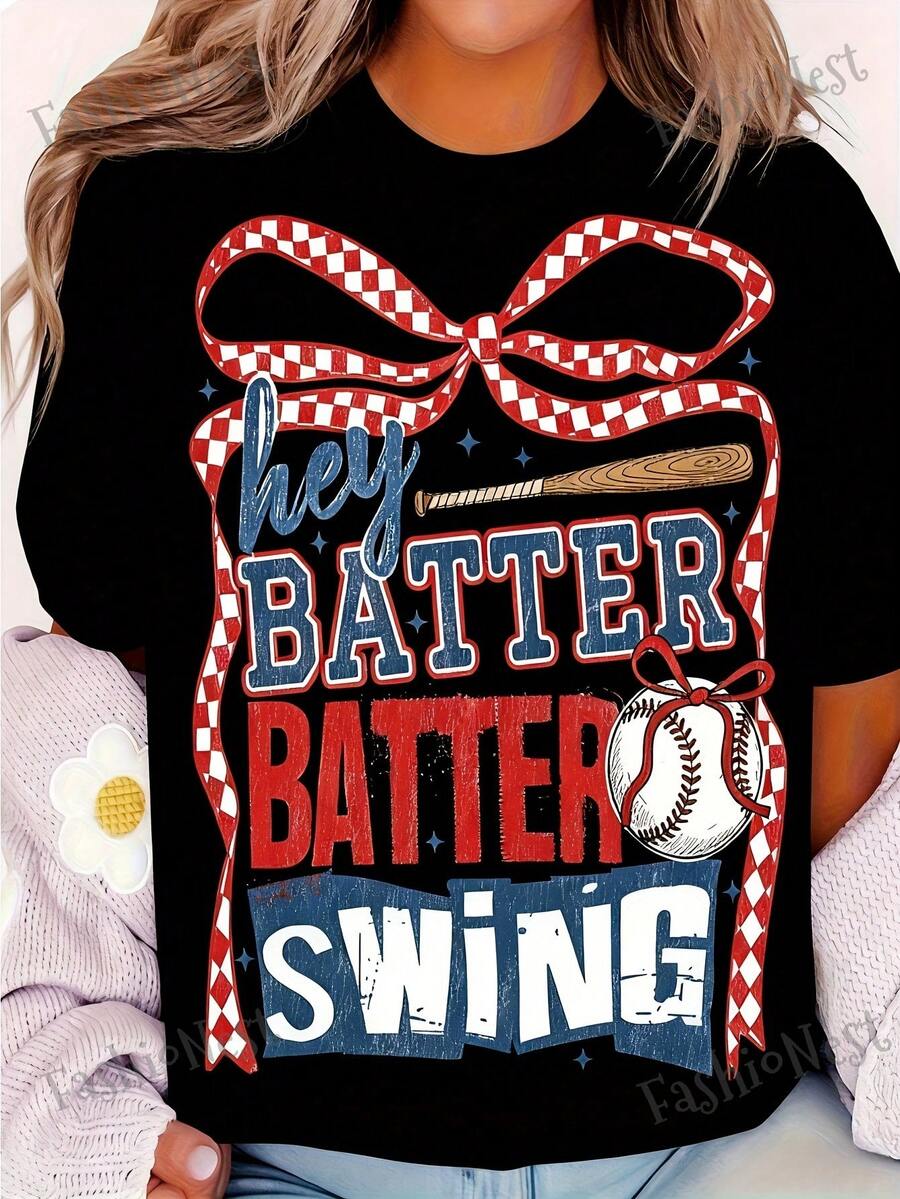 Men's Vintage Baseball T-Shirt - Inspired By The 70s-80s With The 'Hey BATTER BATTER SWING' Design, Featuring A Star And Stripe Pattern, Casual A-Line Crew Neck Cut, Soft And Machine Washable Material, Suitable For Daily Wear And Outdoor Activities, Comfortable Fit. - 黑色 - 查看 1
