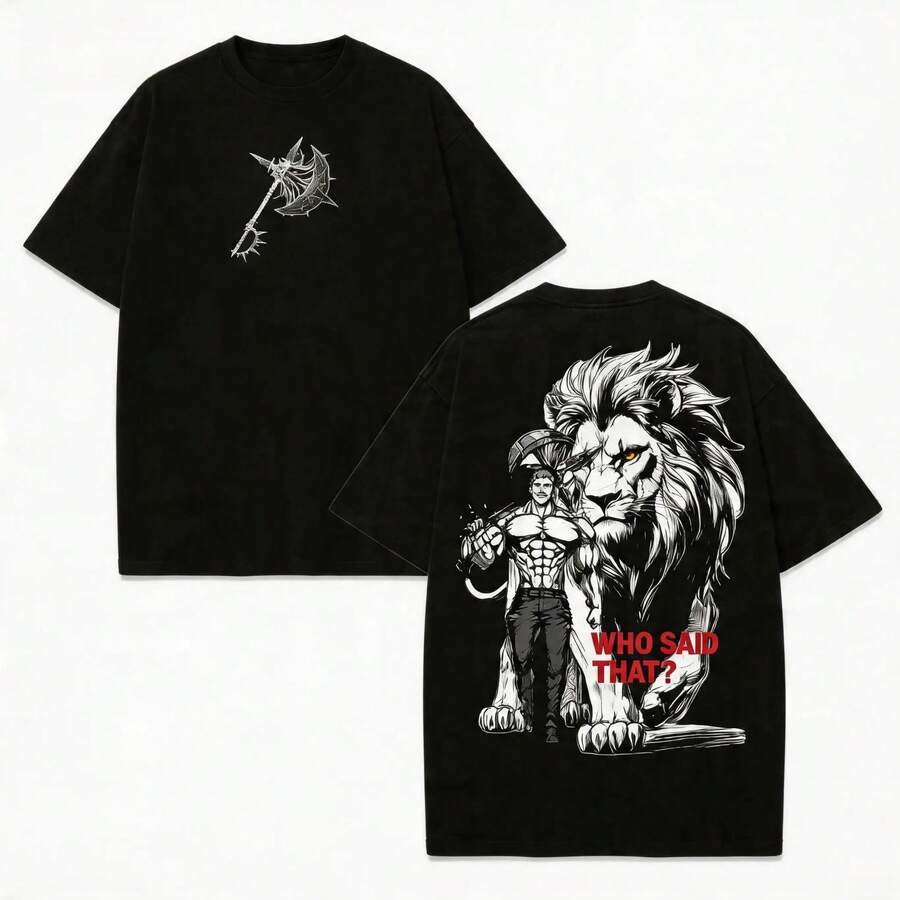 Escanor T-Shirt From The Seven Deadly Sins - A269 "Who Decided That?" Pride Sin Graphic Retro Heavy Unisex Anime Streetwear Gift For Fans - 軍綠色 - 查看 1