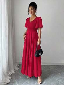 estido de mujer minimalista, elegante, romántico y sofisticado con cuello en V, cintura ceñida y mangas con volantes en forma de línea A - Rojo - Ver 5