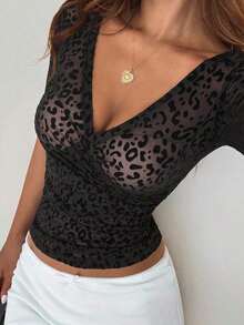 Camiseta de mujer con cuello en V ajustada y sexy, tops para salir en primavera/verano - Negro 3 - Ver 5