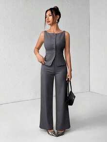 PETITE Conjunto de chaleco y pantalones de un solo pecho de unicolor con cuello redondo, elegante traje de oficina para mujer, ropa de mujer de verano y otoño, conjunto de oficina, ropa casual de negocios, conjunto de dos piezas, ropa de oficina de otoño para mujer, conjunto de blazers para mujer - Gris Oscuro - Ver 7