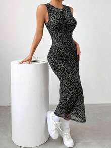Vestido ceñido con abertura y estampado de leopardo gris sexy para mujer, moda de verano - Multicolor 2 - Ver 4