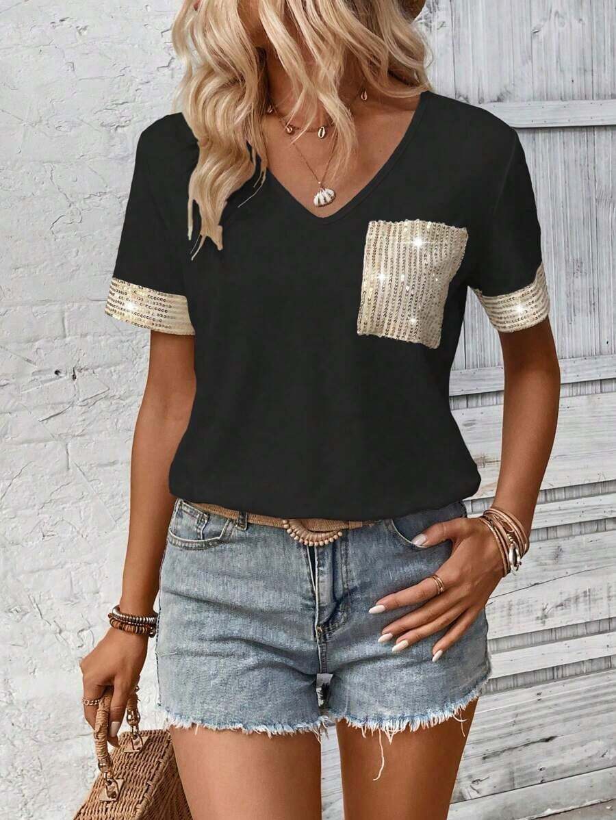 LUNE Camiseta de mujer casual de manga corta con cuello en V, parches y lentejuelas - Negro - Ver 1