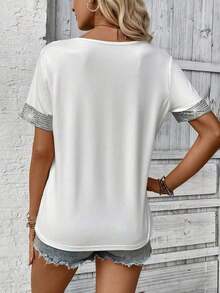LUNE Camiseta de mujer casual de manga corta con cuello en V, parches y lentejuelas - Blanco - Ver 2