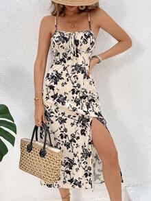 Frenchy Vestido midi con tirantes de espagueti, abertura y estampado floral para mujer, ropa casual para vacaciones - Multicolor - Ver 5