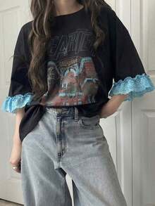 Camiseta de manga corta para mujer con ajuste holgado, estampado de letras, parches de encaje, de mezcla de algodón transpirable, versátil para primavera/verano - Negro 2 - Ver 1