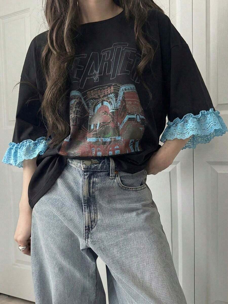 Camiseta de manga corta para mujer con ajuste holgado, estampado de letras, parches de encaje, de mezcla de algodón transpirable, versátil para primavera/verano - Negro 2 - Ver 1