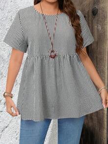 de manga corta con cuello redondo y estampado de rayas, apropiadas para el verano, tallas grandes - Blanco y Negro - Ver 5