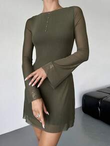 Vestido mini minimalista, elegante y sexy de lunares blanco y negro para mujer, estilo retro con cuello barco, mangas acampanadas, cintura alta y línea A, ideal para primavera/verano, Día de San Valentín - Verde militar - Ver 3