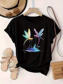 Limited Time Offer, Limited Quantities, Flash ! Women's Casual Shirts, Women's Polyester T-Shirts, Elegant Shirts. Women's Sporty T-Shirt With Watercolor Dragonfly Print, Crew Neck And Short Sleeves,  European And American Style. - 黑色 - 查看 9