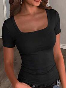 Camiseta blanca básica, casual y sencilla con cuello en V, manga corta, ajustada, con fruncido lateral, acanalada y elástica para mujeres, para el verano - Negro 2 - Ver 2