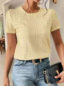 Camiseta blanca de cuello redondo con bordado de ojales, minimalista para ir a la oficina, estilo antiguo y sencillo - Amarillo claro - Ver 5