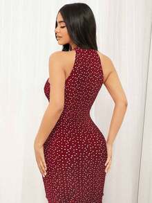 Vestido ajustado de cuello halter con estampado floral - Rojo - Ver 4