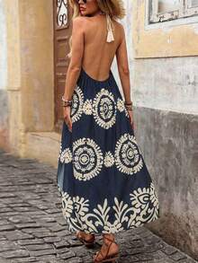 Vestido con estampado, corte con abertura alta, espalda descubierta, atar al cuello y flecos para mujer, vacaciones - Azul marino - Ver 1
