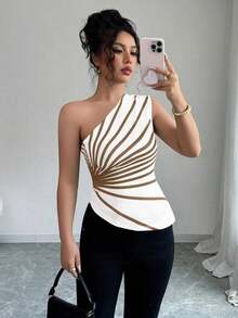 Blusa de punto con estampado de hombro oblicuo elegante para vacaciones de verano para mujer - Caqui - Ver 4