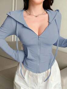 Sudadera con cremallera para el Día de San Valentín, camiseta ajustada de manga larga para mujer - Azul - Ver 5